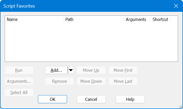 Script Favorites dialog panel
